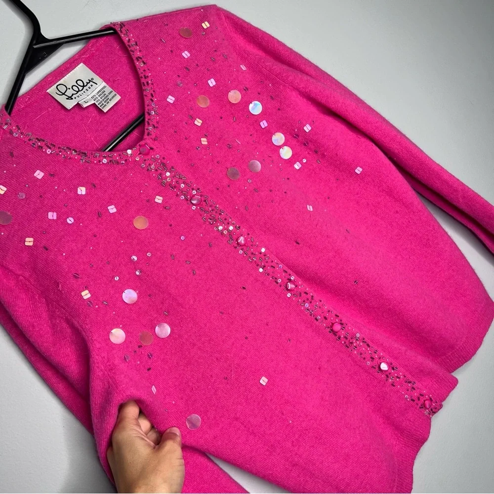 RARE Vintage Lilly Pulitzer Pink Lambswool‎ Beaded Cardigan C9
